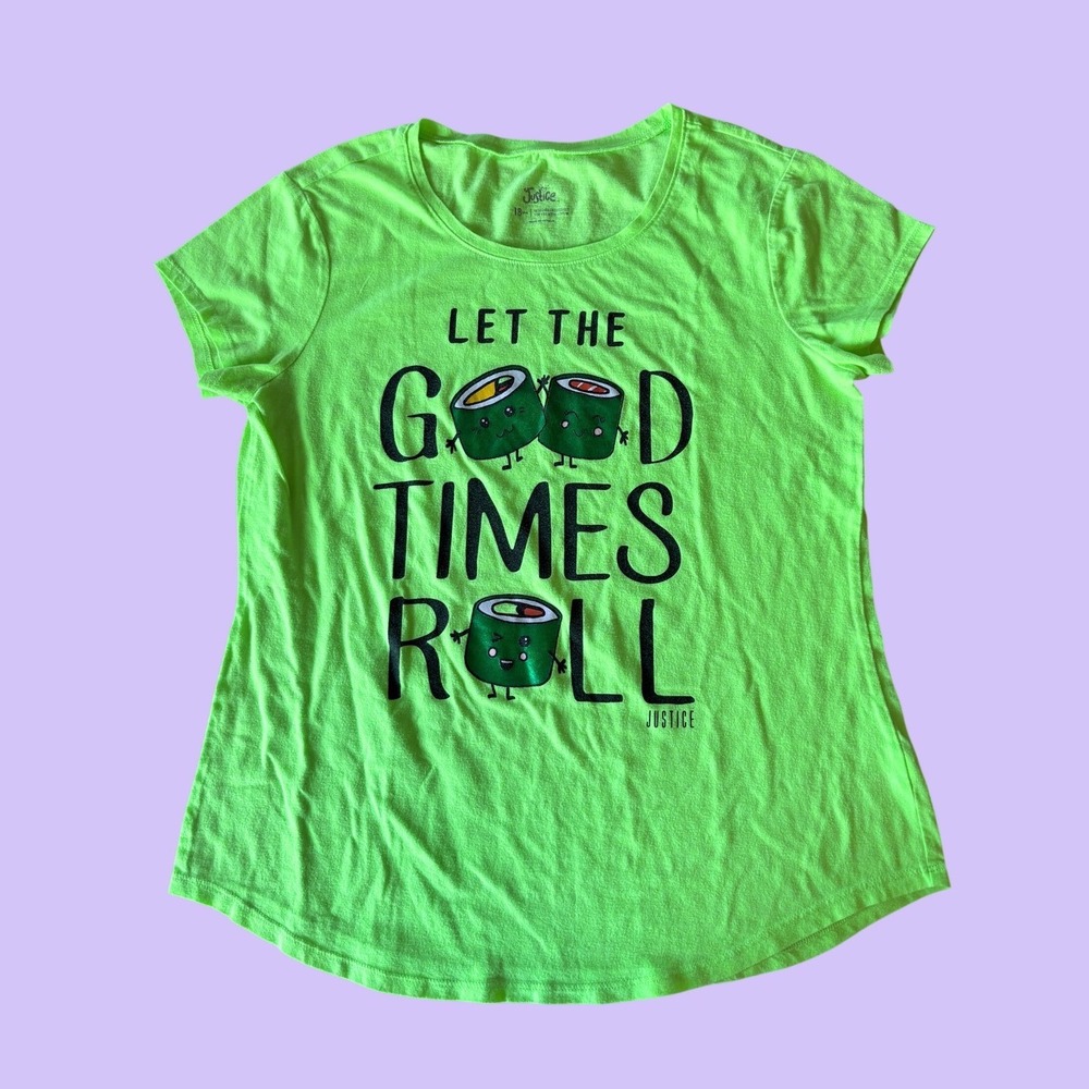 Y2K Justice Neon Green Sushi Graphic Tee Let The Good Times Roll Scene #18